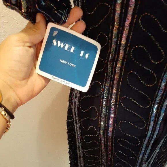 NWT VINTAGE SWEE LO Handmade Beaded & Sequin Navy Blue Cocktail Dress Deadstock - Picture 4 of 13